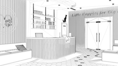 Proje taslağı, veteriner hastanesi tasarım projesi. Aksesuarlı resepsiyon masası, banklı ve yastıklı bekleme odası, terrazzo fayansları ve halı. İç mimari