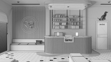 Tamamlanmamış proje taslağı, veteriner kliniği bekleme odası. Raflı resepsiyon masası, bankları, yastıkları ve halısı olan oturma alanı. Giriş kapısı, terrazzo fayansları. İç tasarım kavramı