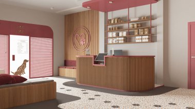 Veteriner kliniğinin bekleme odası kırmızı ve ahşap tonlarda. Halılı resepsiyon masası, yastıklı banklı oturma alanı. Terrazzo fayansları, evcil hayvan mamasıyla dolu raflar. İç tasarım