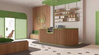 Veteriner kliniğinin bekleme odası yeşil ve ahşap renkte. Halılı resepsiyon masası, yastıklı banklı oturma alanı. Terrazzo fayansları, evcil hayvan mamasıyla dolu raflar. İç tasarım