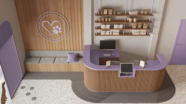 Veterinary clinic waiting room in purple and wooden tones. Reception desk with shelves, sitting area with benches,. Entrance door and terrazzo tiles. Interior design, top view, above