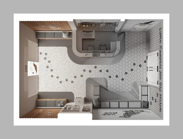 Concepto Arquitecto Interiores Proyecto Dibujado Mano Inacabado Que Convierte Una — Foto de Stock