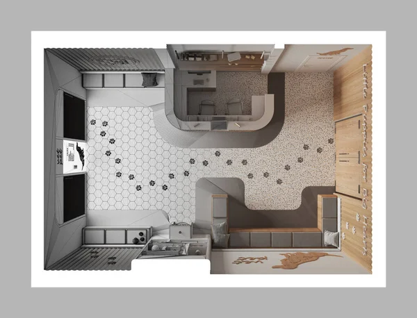 建筑师室内设计理念 手绘草稿未完成的工程 成为现实 兽医诊所 坐在候车室 接待室 书架上 顶部视图 — 图库照片