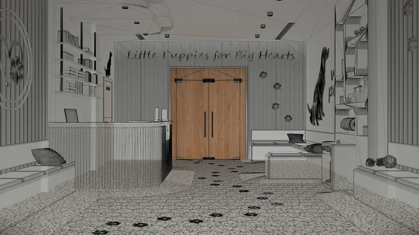 Beyaz duvarları ve terrazzo fayansları olan içi boş beyaz döşeme, özel mimari tasarım projesi, siyah mürekkep çizimi, veteriner kliniği, bekleme odası, mimari...