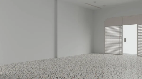 空の部屋のインテリアデザイン 商業スペース テラッツォタイルの床 白い壁 ブラインドの入り口ドア モダンな建築コンセプトのアイデアを持つオープンスペース — ストック写真