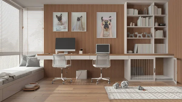 Pet friendly white and wooden corner office, desk with computers, bookshelf, dog bed with gate. Window with sofa and parquet. Carpet with dog toys and dog treat bowl. Interior design