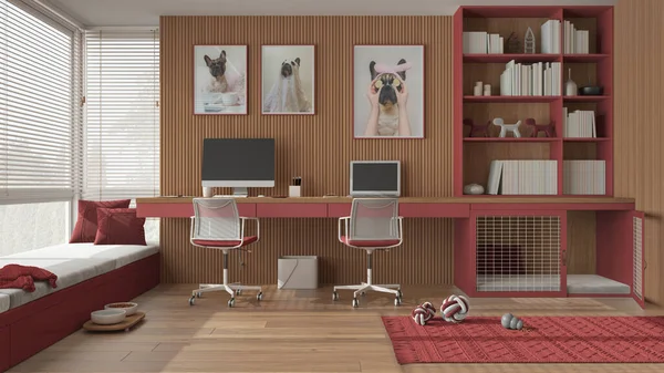 Pet friendly red and wooden corner office, desk with computers, bookshelf, dog bed with gate. Window with sofa and parquet. Carpet with dog toys and dog treat bowl. Interior design