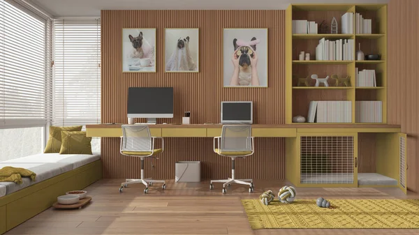 Pet friendly yellow and wooden corner office, desk with computers, bookshelf, dog bed with gate. Window with sofa and parquet. Carpet with dog toys and dog treat bowl. Interior design