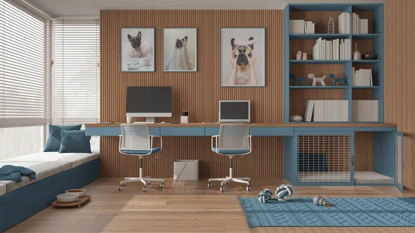 Pet friendly blue and wooden corner office, desk with computers, bookshelf, dog bed with gate. Window with sofa and parquet. Carpet with dog toys and dog treat bowl. Interior design