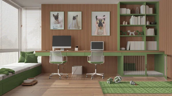 Pet friendly green and wooden corner office, desk with computers, bookshelf, dog bed with gate. Window with sofa and parquet. Carpet with dog toys and dog treat bowl. Interior design