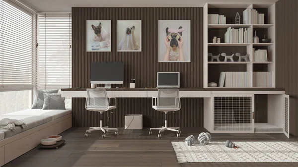 Pet friendly dark wooden corner office, desk with computers, bookshelf, dog bed with gate. Window with sofa and parquet. Carpet with dog toys and dog treat bowl. Interior design idea