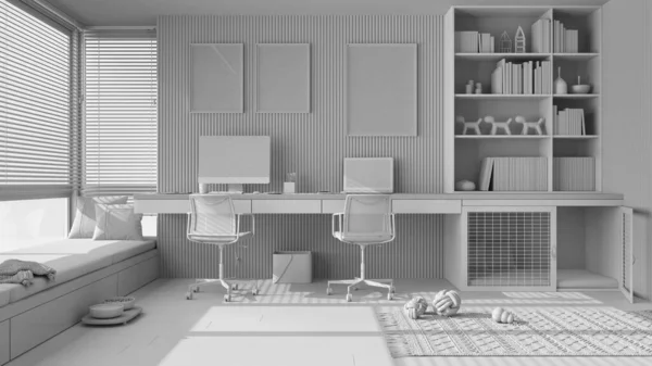 全白色工程草案 宠物友好的角落办公室 办公桌与计算机 狗的床与门 有沙发的窗户带狗玩具的地毯 狗食碗 室内设计理念 — 图库照片