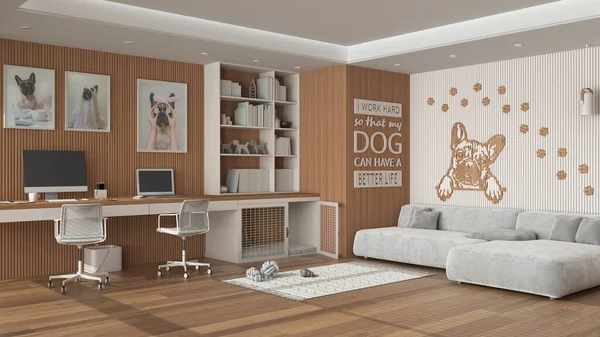 Pet friendly white and wooden corner office, desk, chairs, bookshelf and dog bed with gate. Velvet sofa and parquet. Carpet with dog toys and french bulldog artwork. Interior design