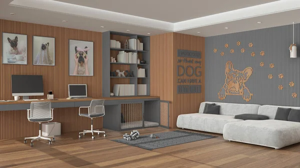 Pet friendly gray and wooden corner office, desk, chairs, bookshelf and dog bed with gate. Velvet sofa and parquet. Carpet with dog toys and french bulldog artwork. Interior design