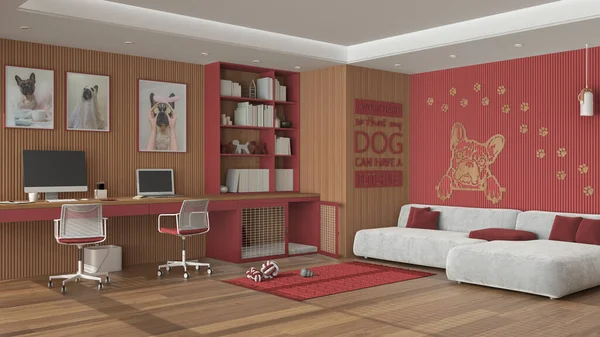 Pet friendly red and wooden corner office, desk, chairs, bookshelf and dog bed with gate. Velvet sofa and parquet. Carpet with dog toys and french bulldog artwork. Interior design