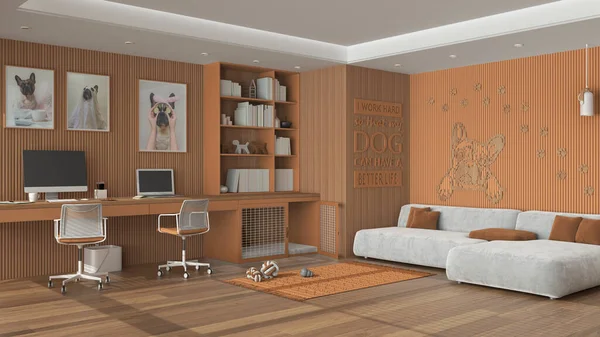 Pet friendly orange and wooden corner office, desk, chairs, bookshelf and dog bed with gate. Velvet sofa and parquet. Carpet with dog toys and french bulldog artwork. Interior design