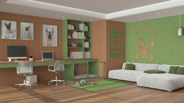Pet friendly green and wooden corner office, desk, chairs, bookshelf and dog bed with gate. Velvet sofa and parquet. Carpet with dog toys and french bulldog artwork. Interior design