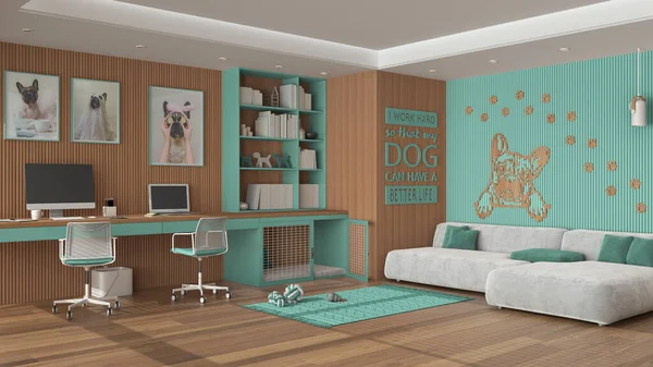 Pet friendly turquoise and wooden corner office, desk, chairs, bookshelf and dog bed with gate. Velvet sofa and parquet. Carpet, dog toys and french bulldog artwork. Interior design