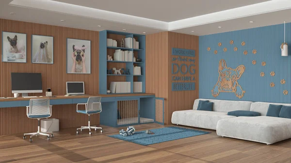 Pet friendly blue and wooden corner office, desk, chairs, bookshelf and dog bed with gate. Velvet sofa and parquet. Carpet with dog toys and french bulldog artwork. Interior design