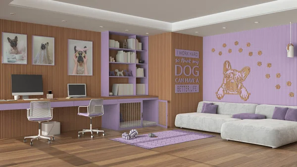 Pet friendly purple and wooden corner office, desk, chairs, bookshelf and dog bed with gate. Velvet sofa and parquet. Carpet with dog toys and french bulldog artwork. Interior design