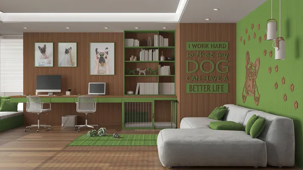 Pet friendly green and wooden home office, desk, chairs, bookshelf and dog bed with gate. Sofa, window and parquet. Carpet with dog toys and french bulldog artwork. Interior design
