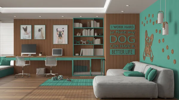Pet friendly turquoise and wooden home office, desk, chairs, bookshelf and dog bed with gate. Sofa, window and parquet. Carpet, dog toys and french bulldog artwork. Interior design