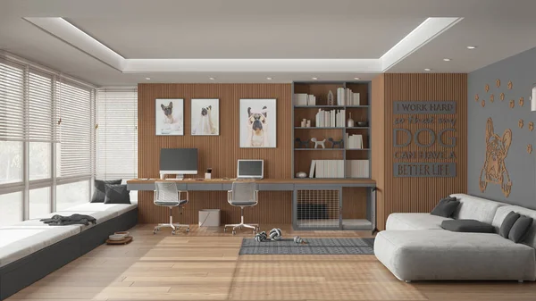 Home office in gray and wooden tones. Desk with chairs and computers, big window and velvet sofa. Dog bed with gate, carpet with dog toys. French bulldog artwork, interior design