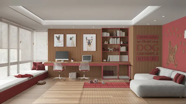 Home office in red and wooden tones. Desk with chairs and computers, big window and velvet sofa. Dog bed with gate, carpet with dog toys. French bulldog artwork, interior design