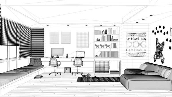 Σχέδιο Σχεδίου Σχεδίου Γραφείο Στο Σπίτι Γραφείο Καρέκλες Και Υπολογιστές — Φωτογραφία Αρχείου