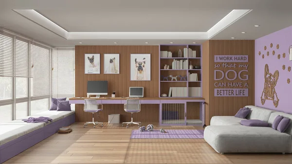 Home office in purple and wooden tones. Desk with chairs and computers, big window and velvet sofa. Dog bed with gate, carpet with dog toys. French bulldog artwork, interior design