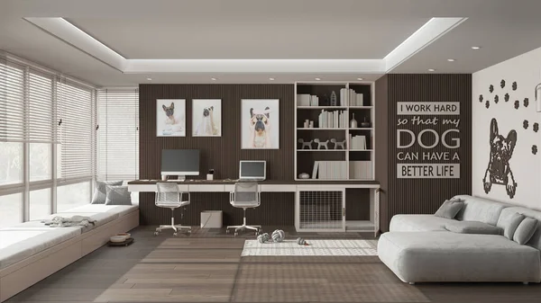 Home office in dark wooden tones. Desk with chairs and computers, big window and velvet sofa. Dog bed with gate, carpet with dog toys. French bulldog artwork, interior design concept