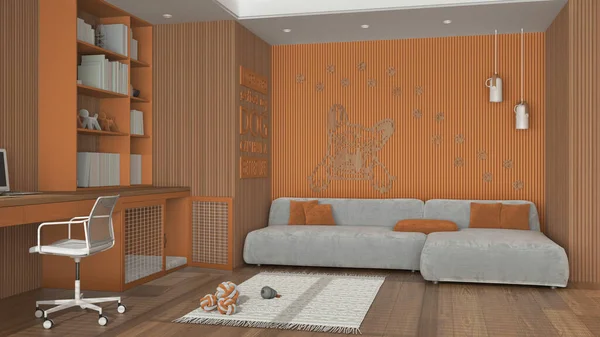 Home workplace with space devoted to pet in orange and wooden tones. Desk with chair, bookshelf, dog bed with gate. Velvet sofa, carpet with dog toys. Parquet floor, interior design
