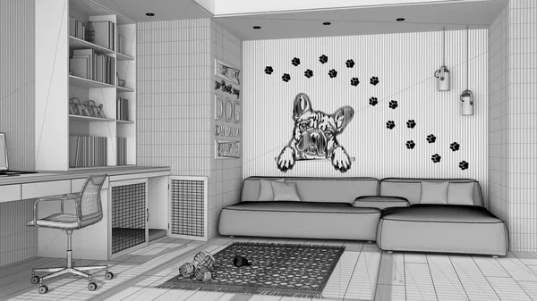 Unfinished project draft, home workplace with space devoted to pet. Desk with chair, bookshelf and dog bed with gate. Velvet sofa, carpet, dog toys. Parquet floor, interior design