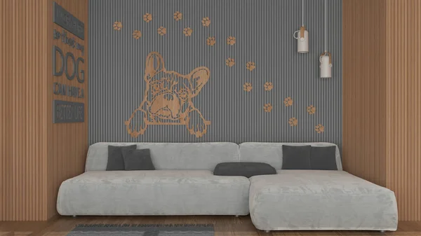 Modernes Wohnzimmer Grau Und Holztönen Samtsofa Mit Kissen Paneel Hintergrund — Stockfoto