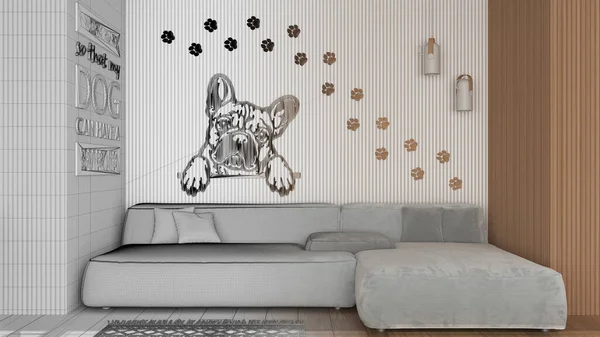 Architect interior designer concept: hand-drawn draft unfinished project that becomes real, modern living room, sofa, panel in the background with french bulldog image, parquet