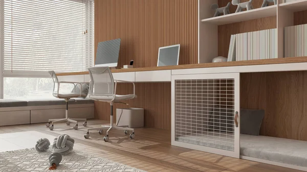 Akıllı iş, evcil hayvan dostu beyaz ve ahşap köşeli ofis, evden çalışma. Bilgisayarı ve sandalyeleri olan bir masa, kapısı ve penceresi olan bir köpek yatağı. Yaklaş, zemin manzaralı. İç tasarım kavramı