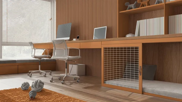 Akıllı çalışma, evcil hayvan dostu portakal ve ahşap köşe ofis, evden çalışma. Bilgisayarı ve sandalyeleri olan bir masa, kapısı ve penceresi olan bir köpek yatağı. Yaklaş, zemin manzaralı. İç tasarım fikri
