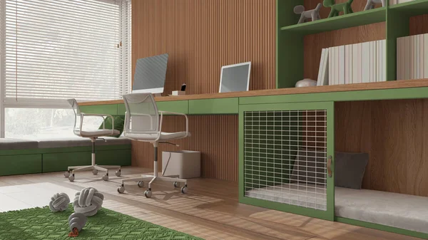 Έξυπνη Εργασία Φιλικό Προς Κατοικίδια Πράσινο Και Ξύλινο Γωνιακό Γραφείο — Φωτογραφία Αρχείου