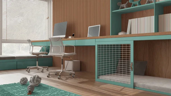 Akıllı çalışma, evcil hayvan dostu turkuaz ve ahşap köşe ofis, evden çalışma. Bilgisayarı ve sandalyeleri olan bir masa, kapısı ve penceresi olan bir köpek yatağı. Yaklaş, zemin manzaralı. İç tasarım