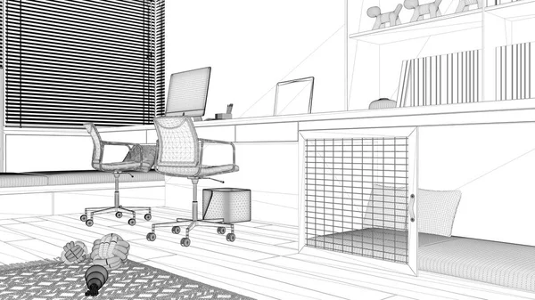 Blueprint project draft, smart working, pet friendly corner office, work from home. Desk with computer and chairs, dog bed with gate and window. Close up, ground view. Interior design