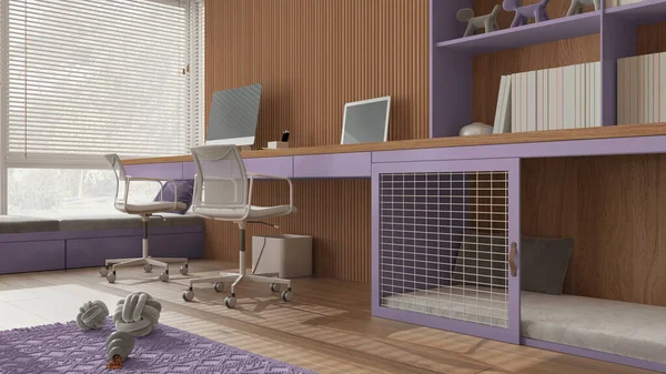 Akıllı çalışma, evcil hayvan dostu mor ve ahşap köşeli ofis, evden çalışma. Bilgisayarı ve sandalyeleri olan bir masa, kapısı ve penceresi olan bir köpek yatağı. Yaklaş, zemin manzaralı. İç tasarım fikri