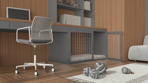 Pet friendly gray and wooden corner office, desk with chair, bookshelf and dog bed with pillow and gate. Bookshelf and carpet with dog toys. Close up, ground view, interior design