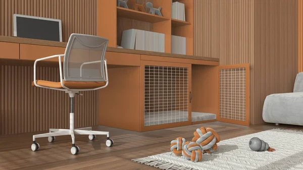 Pet friendly orange and wooden corner office, desk with chair, bookshelf and dog bed with pillow and gate. Bookshelf and carpet with dog toys. Close up, ground view, interior design