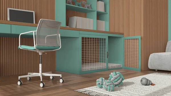 Pet friendly turquoise and wooden corner office, desk with chair, bookshelf and dog bed with pillow and gate. Bookshelf and carpet, dog toys. Close up, ground view, interior design