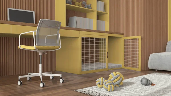 Pet friendly yellow and wooden corner office, desk with chair, bookshelf and dog bed with pillow and gate. Bookshelf and carpet with dog toys. Close up, ground view, interior design