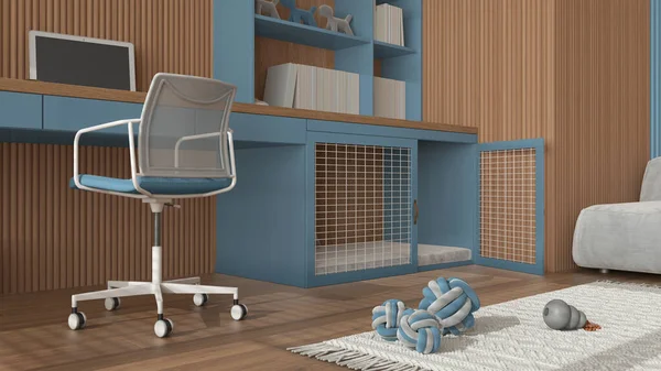 Pet friendly blue and wooden corner office, desk with chair, bookshelf and dog bed with pillow and gate. Bookshelf and carpet with dog toys. Close up, ground view, interior design