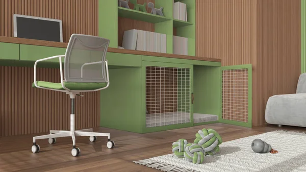 Pet friendly green and wooden corner office, desk with chair, bookshelf and dog bed with pillow and gate. Bookshelf and carpet with dog toys. Close up, ground view, interior design