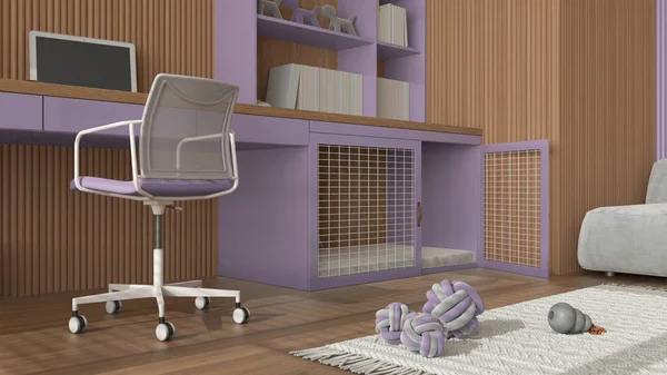 Pet friendly purple and wooden corner office, desk with chair, bookshelf and dog bed with pillow and gate. Bookshelf and carpet with dog toys. Close up, ground view, interior design