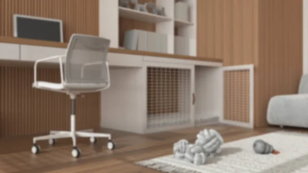 Blur background, pet friendly corner office, desk with chair, bookshelf and dog bed with pillow and gate. Bookshelf and carpet with dog toys. Close up, ground view, interior design