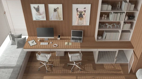 Pet friendly white and wooden corner office, desk with chairs, computers, bookshelf, dog bed with gate. Window and parquet. French bulldog artworks. Top view, above. Interior design